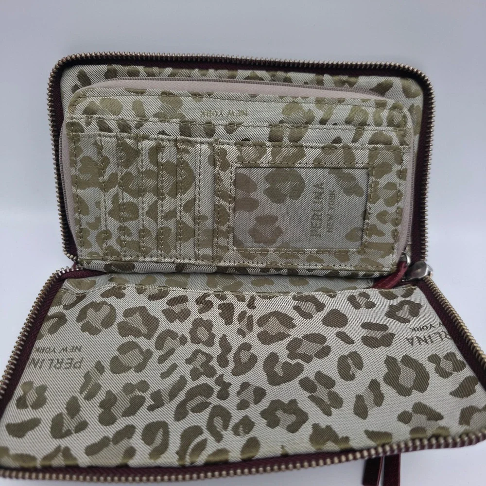 Perlina New York Burgundy Leather Zip Around Wallet Leopard Print Interior